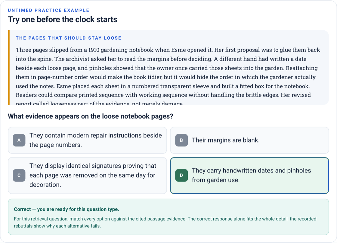 A Pathway Eleven English comprehension question with four answer choices, the chosen answer marked correct, and the explanation underneath setting out how the passage supports it.