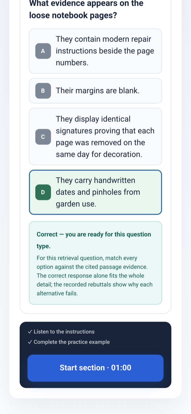 The Pathway Eleven practice question on a phone, with the four answer choices stacked, the correct choice marked in green and the explanation below it.