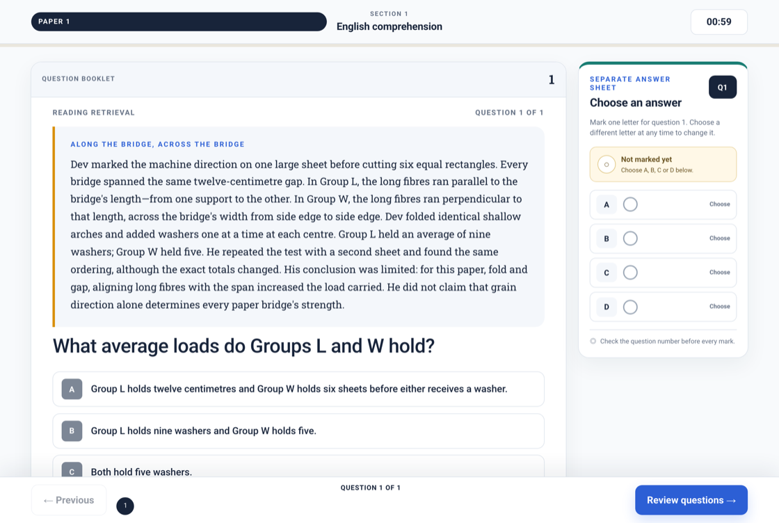 A Pathway Eleven mock paper in progress, with the question booklet on the left, the separate answer sheet on the right and the section timer running at the top of the screen.