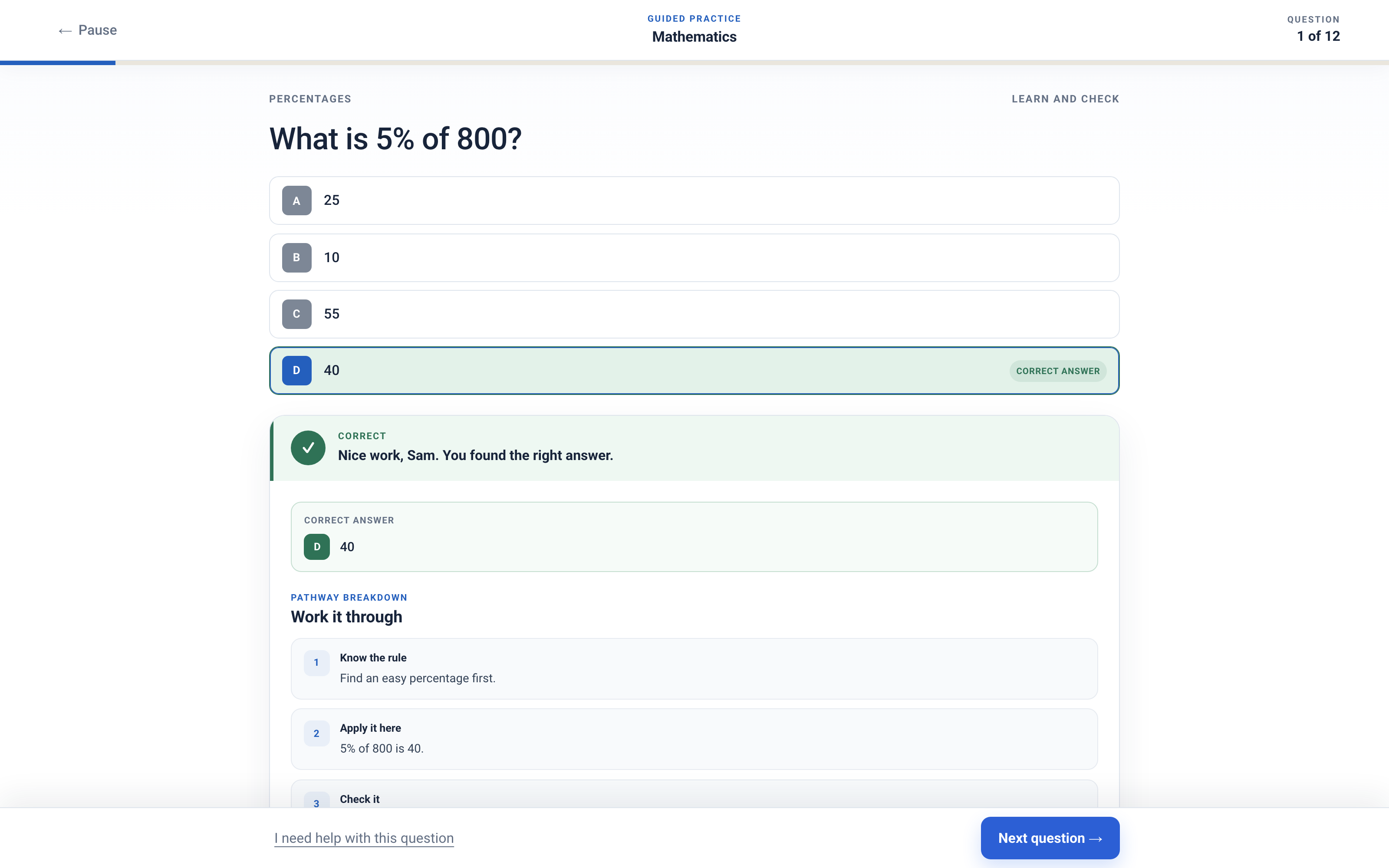 A Pathway Eleven guided practice session in mathematics, with the answer checked, the correct choice marked and the worked breakdown that follows every answer.