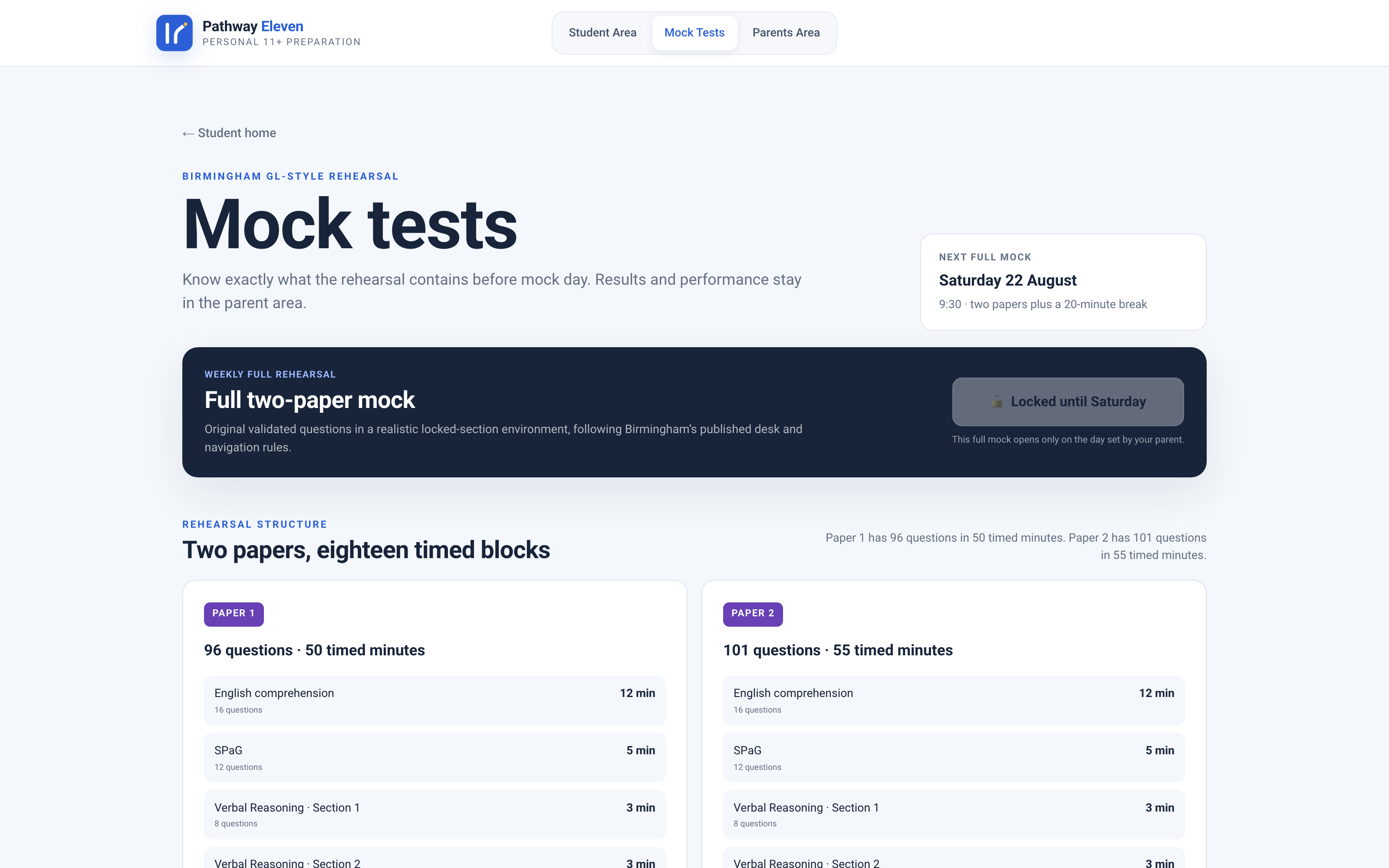 Mock test overview in Pathway Eleven showing a two-paper rehearsal in the regional entrance-test format, split into eighteen individually timed sections and locked until the parent-set Saturday mock day.