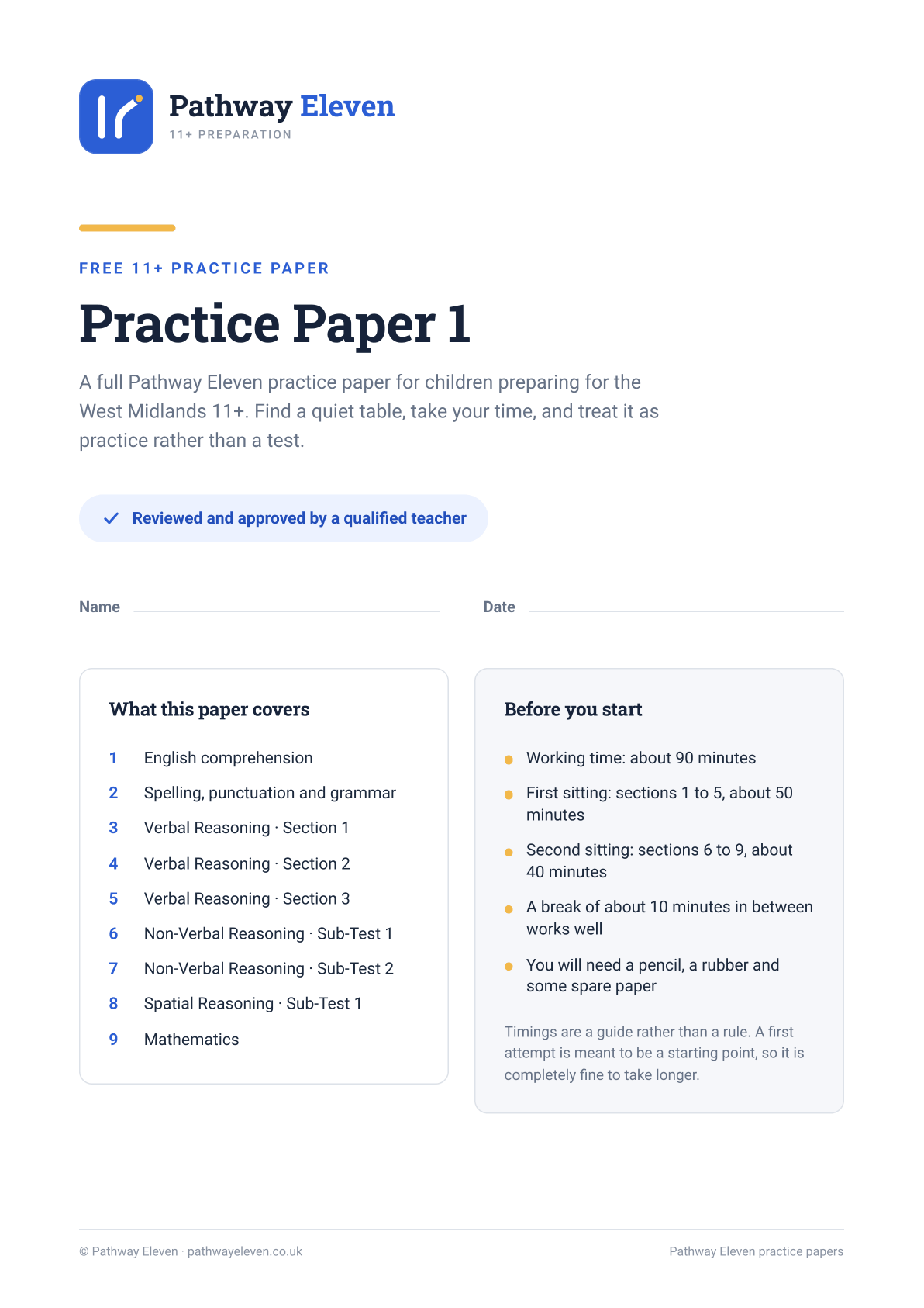 The cover page of Pathway Eleven 11 Plus Practice Paper 1, listing its nine named sections and a note that it was reviewed and approved by a qualified teacher.