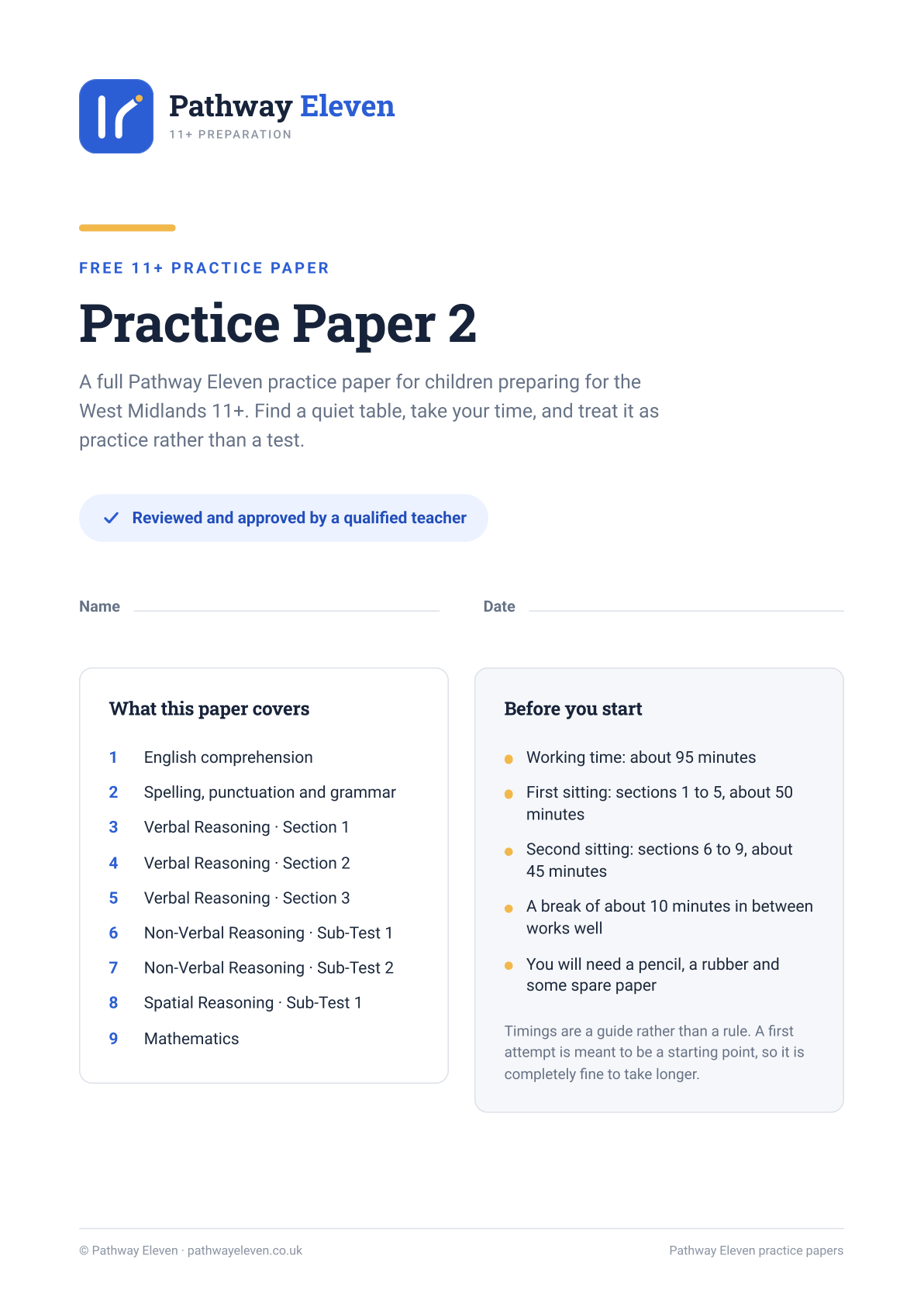 The cover page of Pathway Eleven 11 Plus Practice Paper 2, listing the same nine named sections in the same order and a note that it was reviewed and approved by a qualified teacher.