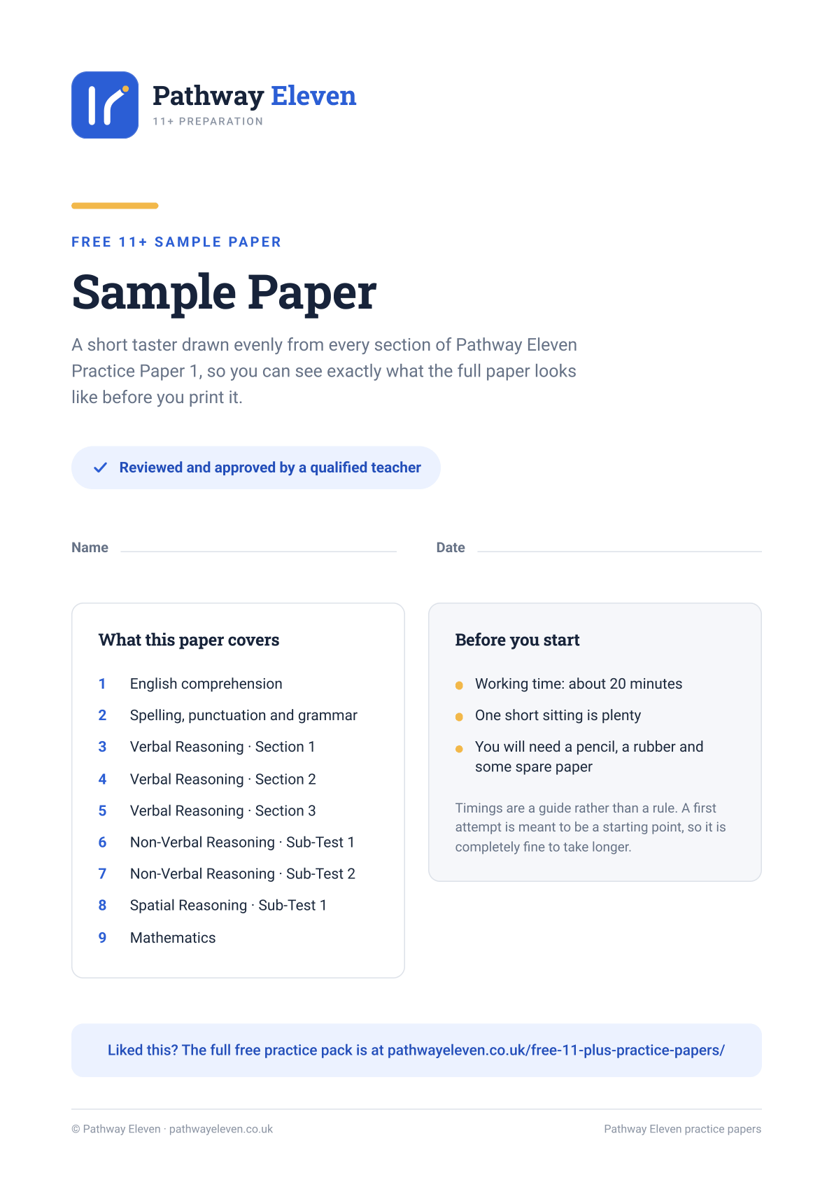 The cover page of the free Pathway Eleven 11 plus sample paper, listing the nine named sections it covers, a working time of about twenty minutes, spaces for a name and a date, and a note that it was reviewed and approved by a qualified teacher.