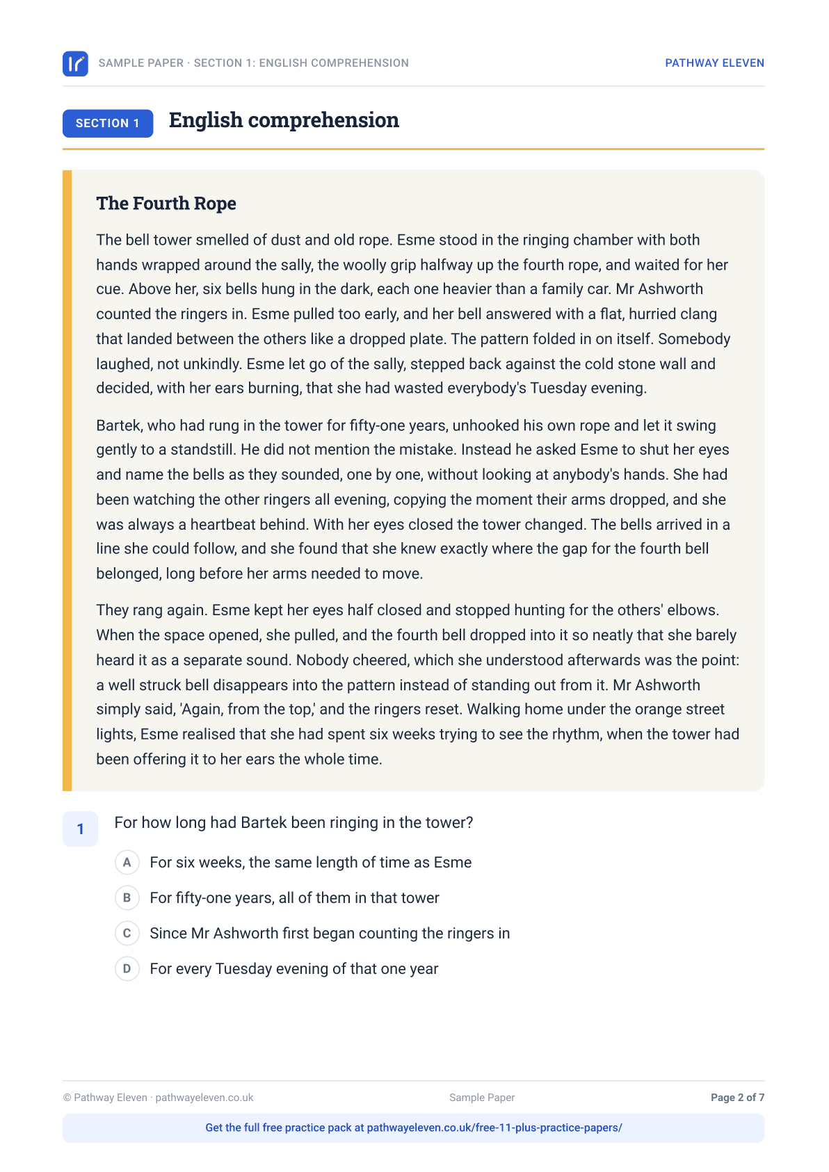 A page inside the Pathway Eleven 11 plus sample paper, headed Section 1: English comprehension, with a short story called The Fourth Rope above a question asking how long a character had been ringing in the tower and four lettered answers to choose from.