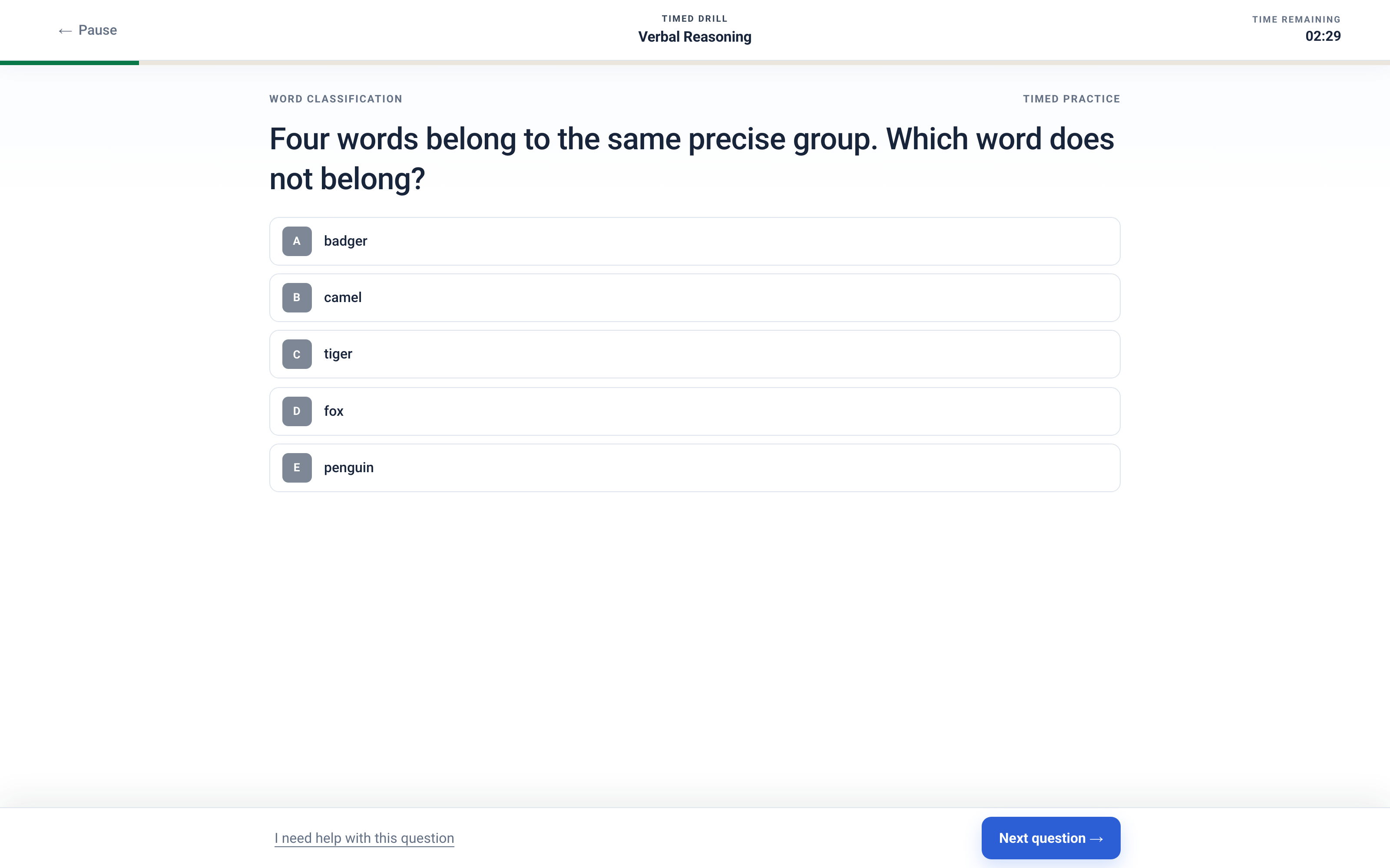 A Pathway Eleven verbal reasoning timed drill, showing a word classification question with five answer choices and the countdown running in the corner.