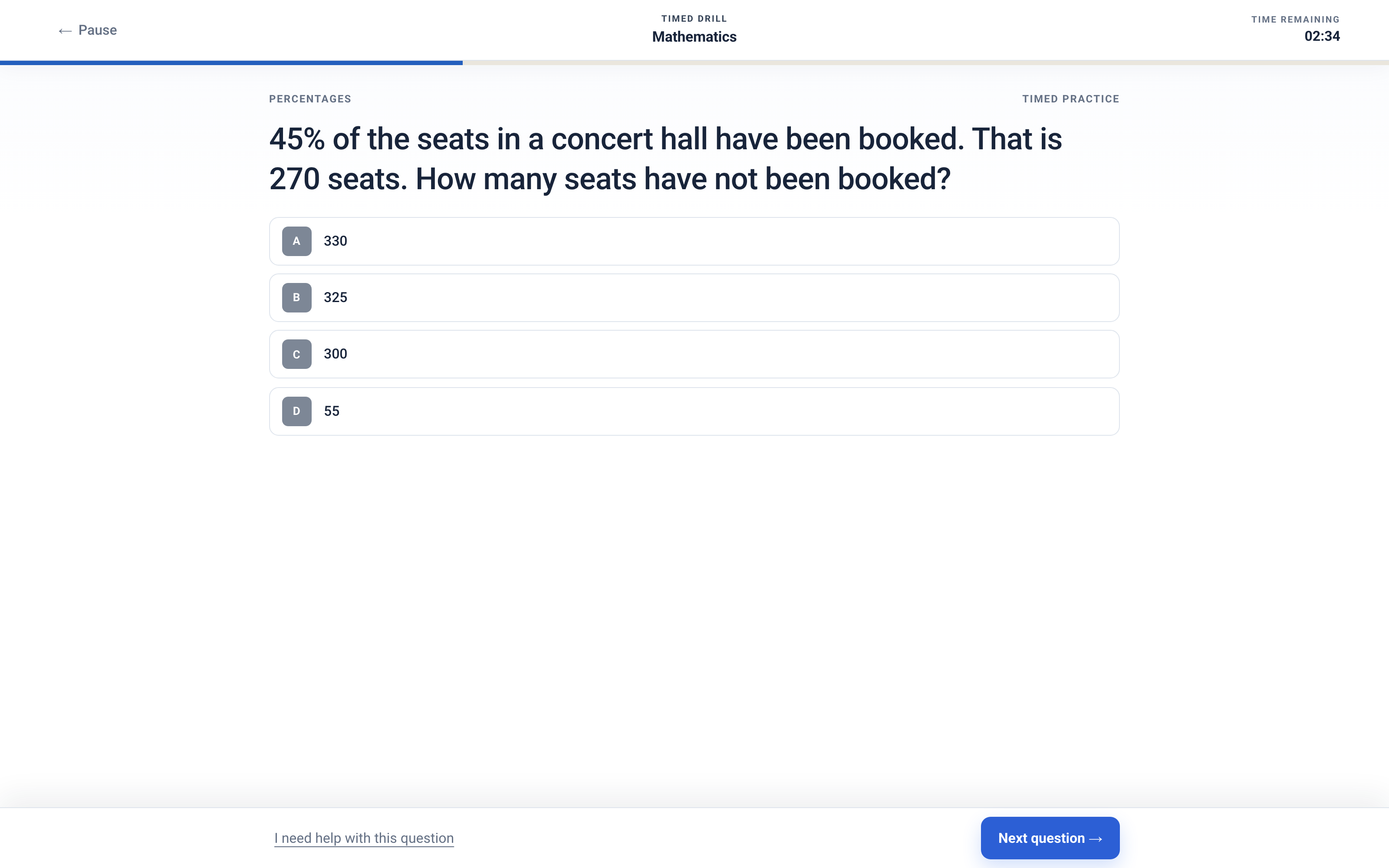 A timed maths drill in Pathway Eleven showing a percentages word problem with four multiple-choice answers, a countdown of two minutes thirty-four seconds and a session progress bar.