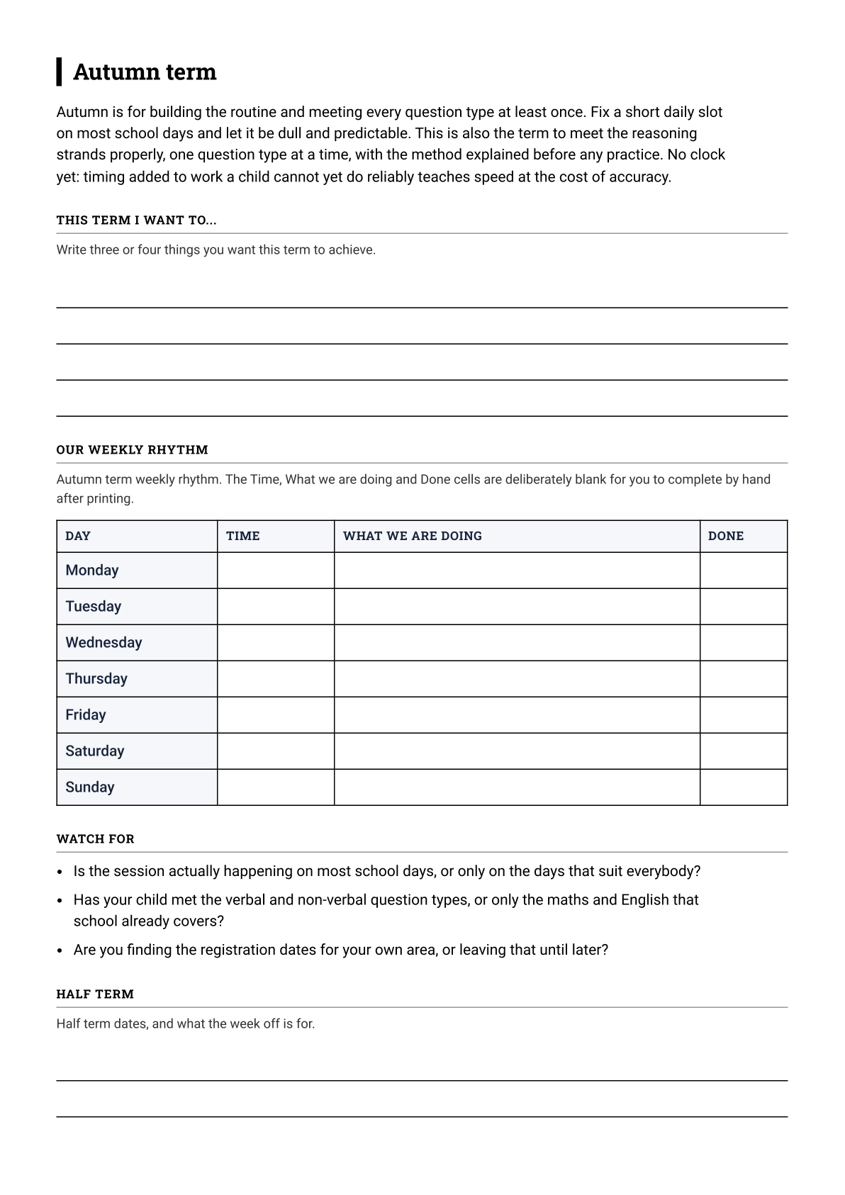 The autumn term sheet of the Pathway Eleven Year 5 term planner: a short account of what the term is for, ruled lines, a blank Monday to Sunday grid and a short watch-for list.